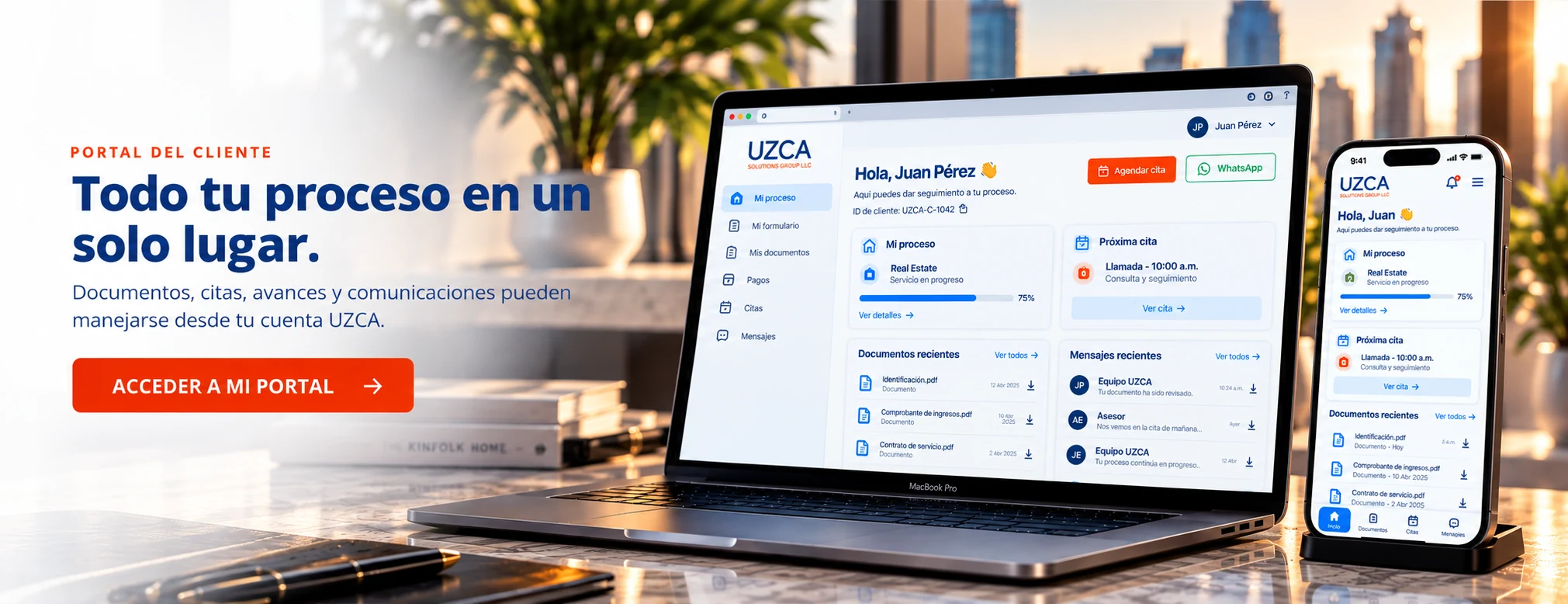 Vista ilustrativa del portal UZCA en computadora y teléfono
